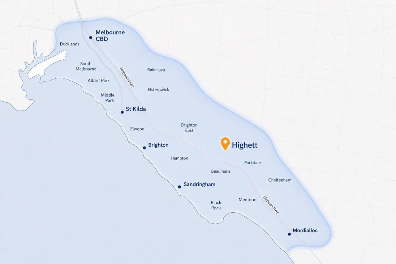 Map of Canny Plumbing serviced areas across Bayside Melbourne